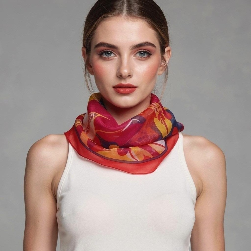 Trevira Vintage Floral Scarf Red Orange Blue Sheer Rectangular Lightweight 60x11